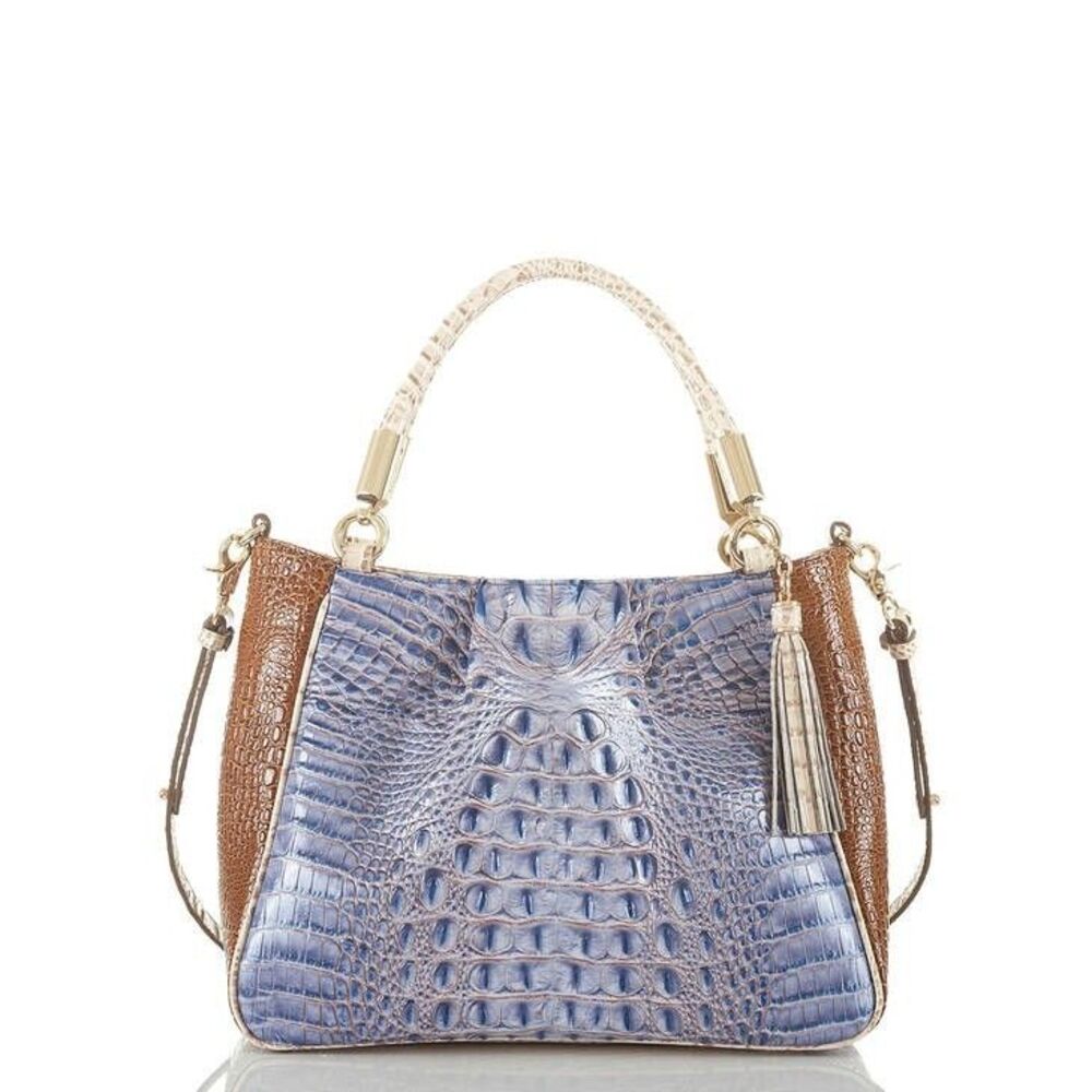 Brahmin Medium Rudy Tote Denim Washed Indigo Ipanema Leather Tassel Bag